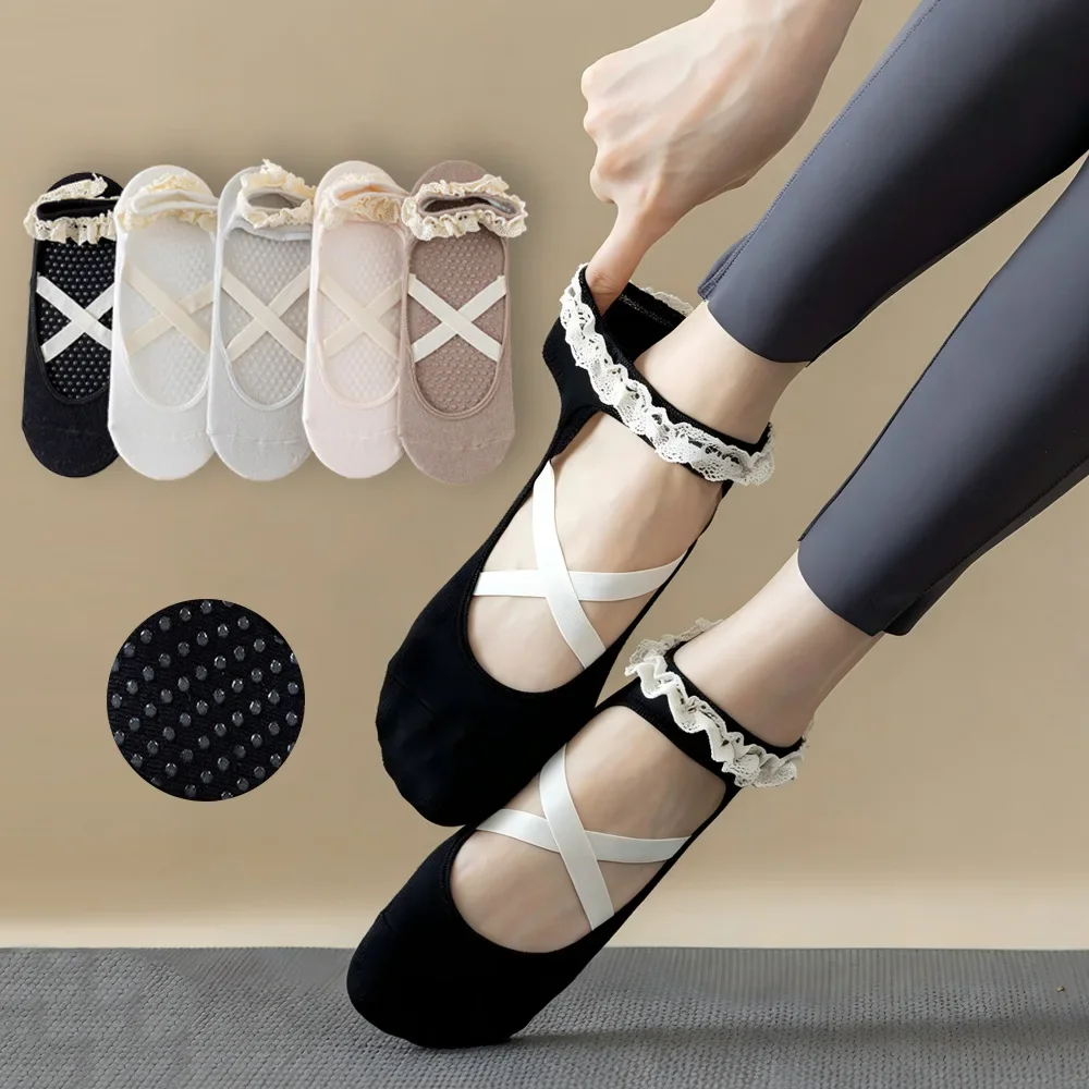 Cute Lacework Pilates Socks Princess Women Yoga Socks Professional Backless Breathable Anti-Slip Ballet Sport Socks For Girls
