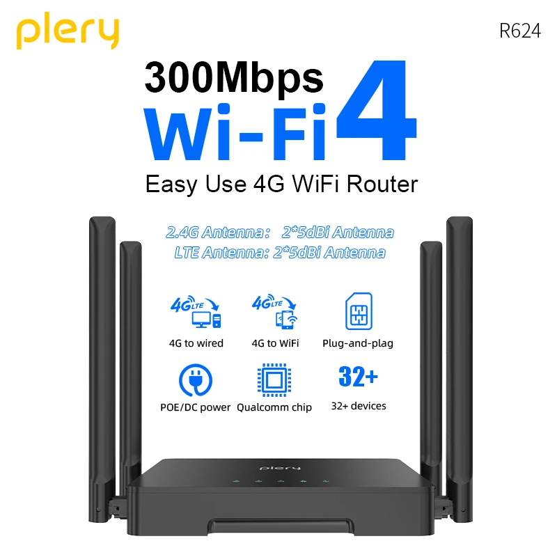 Plery WIFI4 4G CAT4 Router 300Mbps LTE Routers Type-C/DC Power Wireless Router 4*5dBi Antennas Nano SIM Card 4G To Wired/WIFI