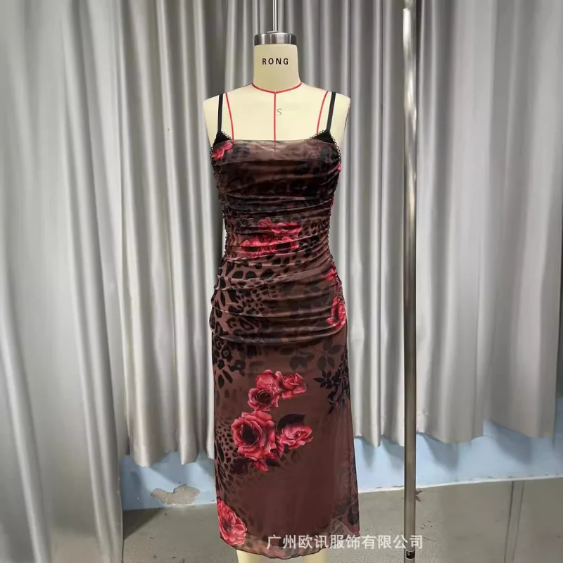 2025年欧米女性ファッション メッシュプリント スプリットロングドレス 半袖 バックレス ノースリーブ 花柄ストラップD