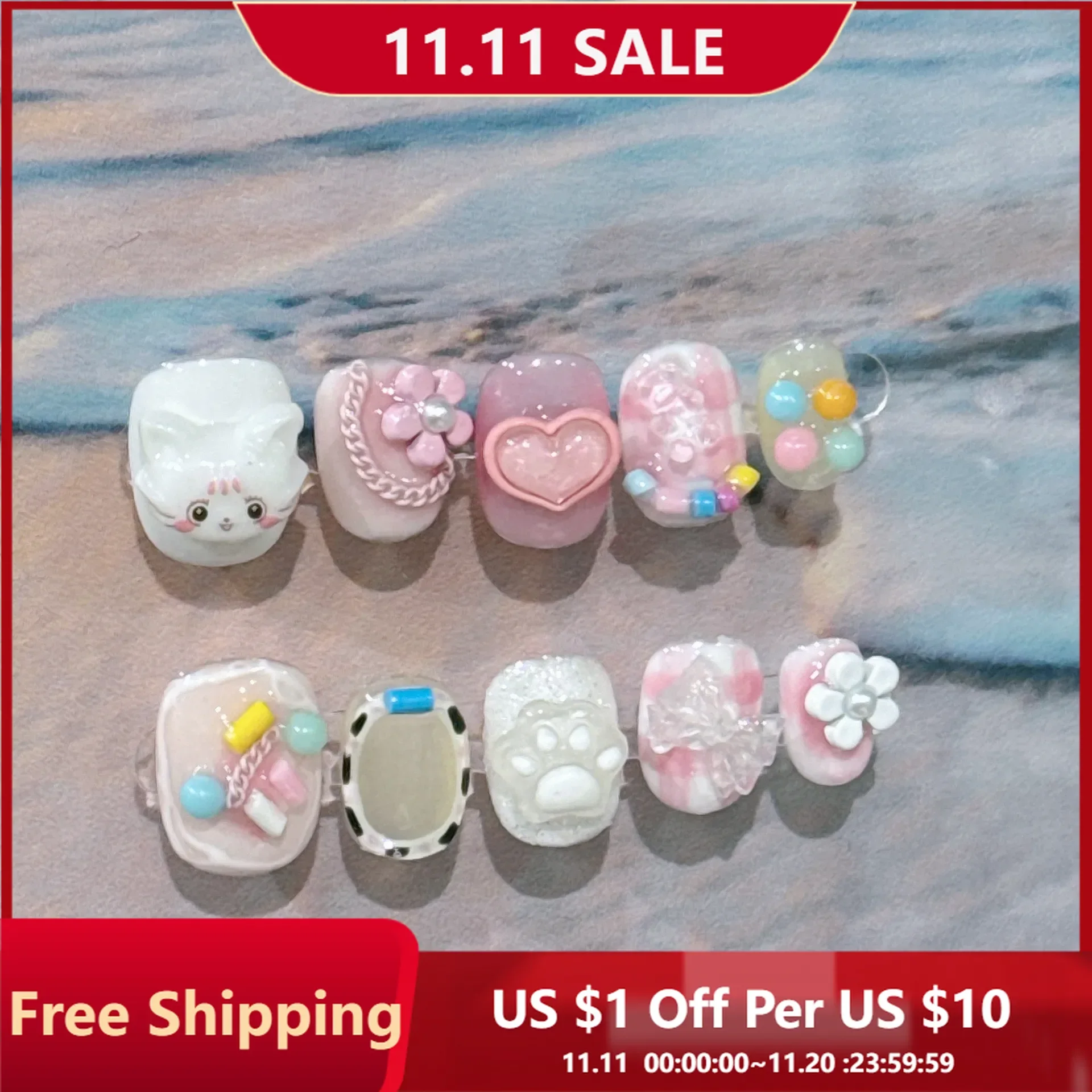 

10 шт., розовые наклейки для ногтей с кошачьими лапами и цветочным сердечком-милые летние короткие градиентные накладные ногти, маникюр «сделай сам» для женщин/девочек