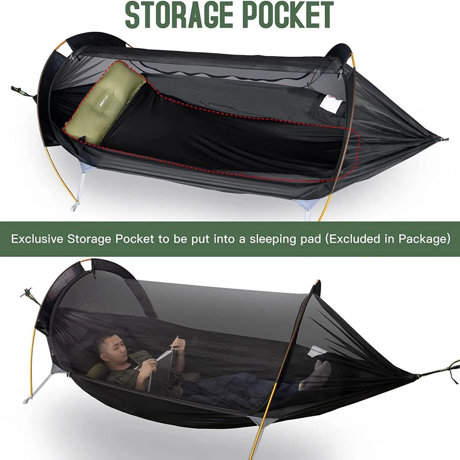 Night Cat 3 in 1 Hammock Tent with Storage Pocket for Sleeping Pad(Exclude) with Bug Net and Rainfly 1 Person Backpacking Camp Tent Waterproof Lightweight 440lbs