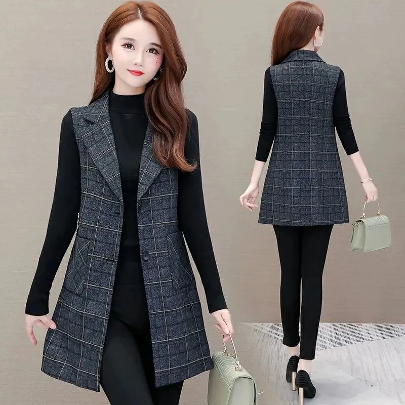 Women Long Blazer Vest Elegant Office Lady Plaid Coat Female Waistcoat Causal Suits Sleeveless Jacket Pocket Outwear