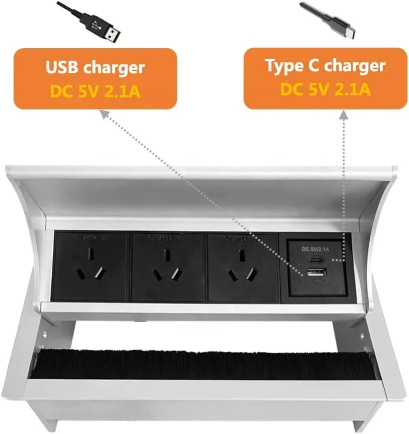 AU power outlet Brush flip cover  Conference Table connectivity Box with Power Socket, USB C Fast Charger Station