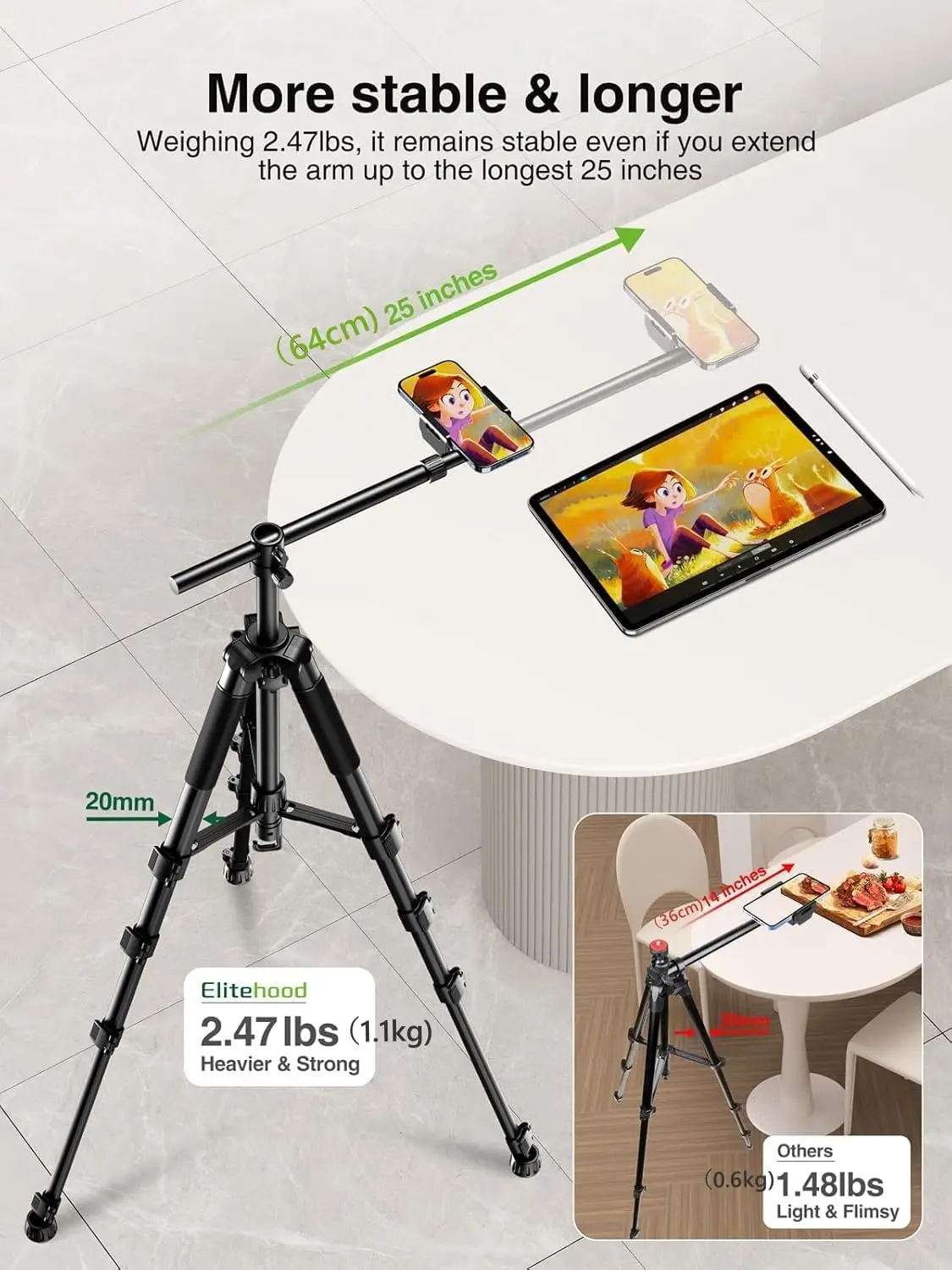 Adjustable Phone Tripod for Overhead Video Recording, 59-inch Horizontal Stand with Extendable Arm and 360° Rotation