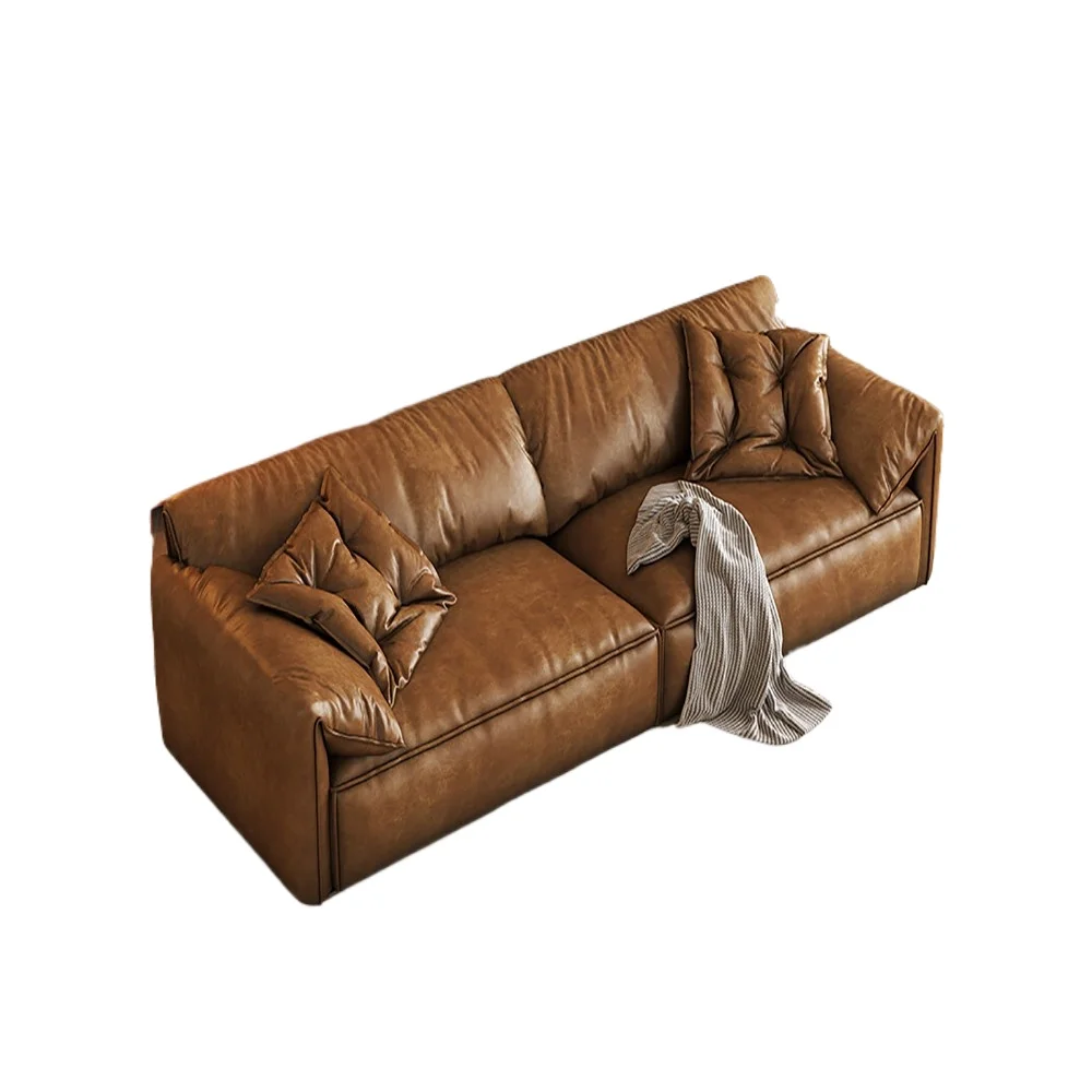 

Minimalist leather sofa small apartment living room simple retro first-layer yellow cowhide straight row lazy sofa
