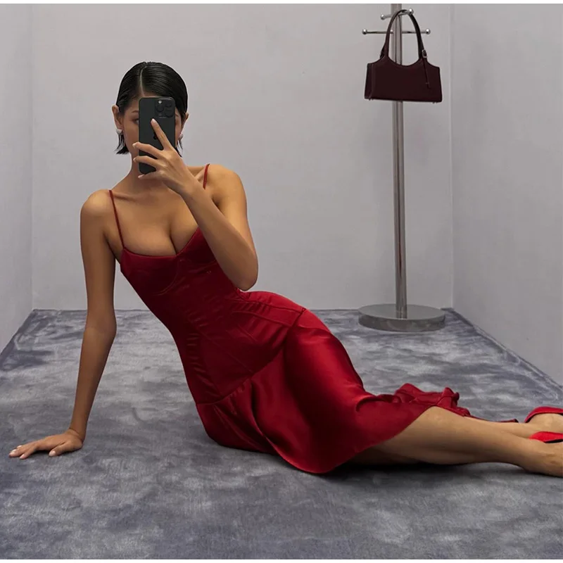Elegant Sleeveless High Split Women Midi Dresses Vintage Wine Red Spaghetti Strap Dress 2026 Summer Lady Evening Party Vestidos