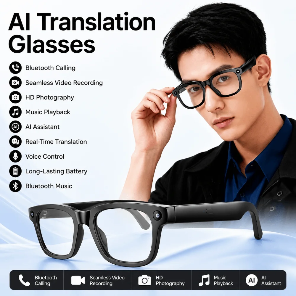 Real-time Translation AI Smart Glasses Wearable Tech 1080P Video Recording Smart Video Glasses Bluetooth Audio Anti-Blue Light