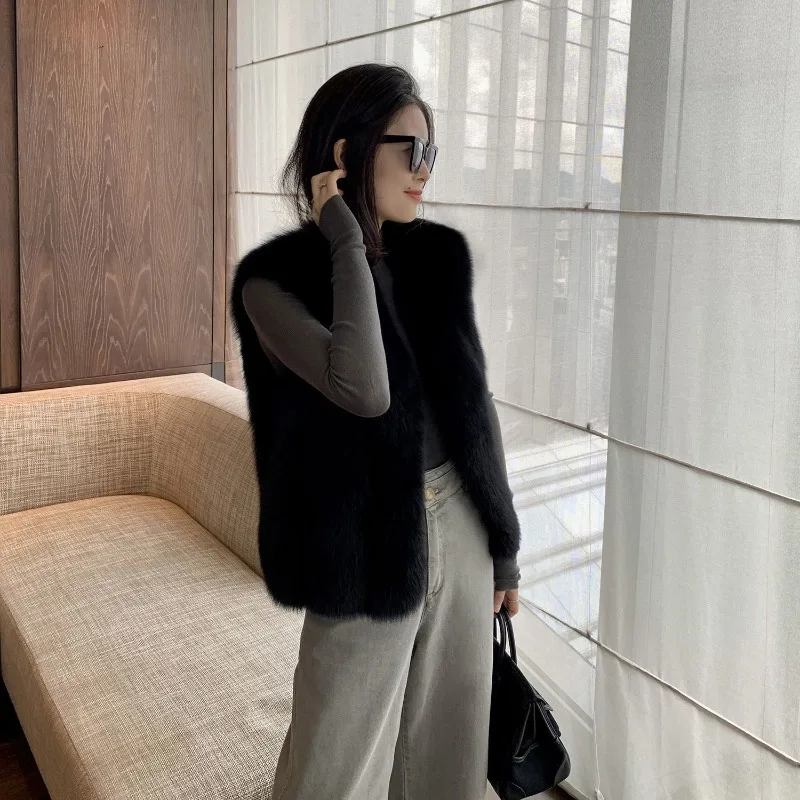 Women's 2026 Autumn Winter Korean Minimalist Faux Mink Fur Vest Mid Long Sleeveless Shawl Thick Warm Elegant Chic Coquette