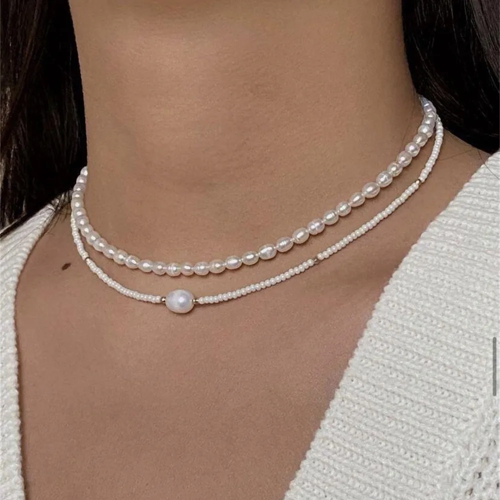 Vintage Multilayer Bue Bead Artificial Pearl Chain Necklace For Women Boho Fashion Ethnic Style Baroque Jewelry Gift Wholesale