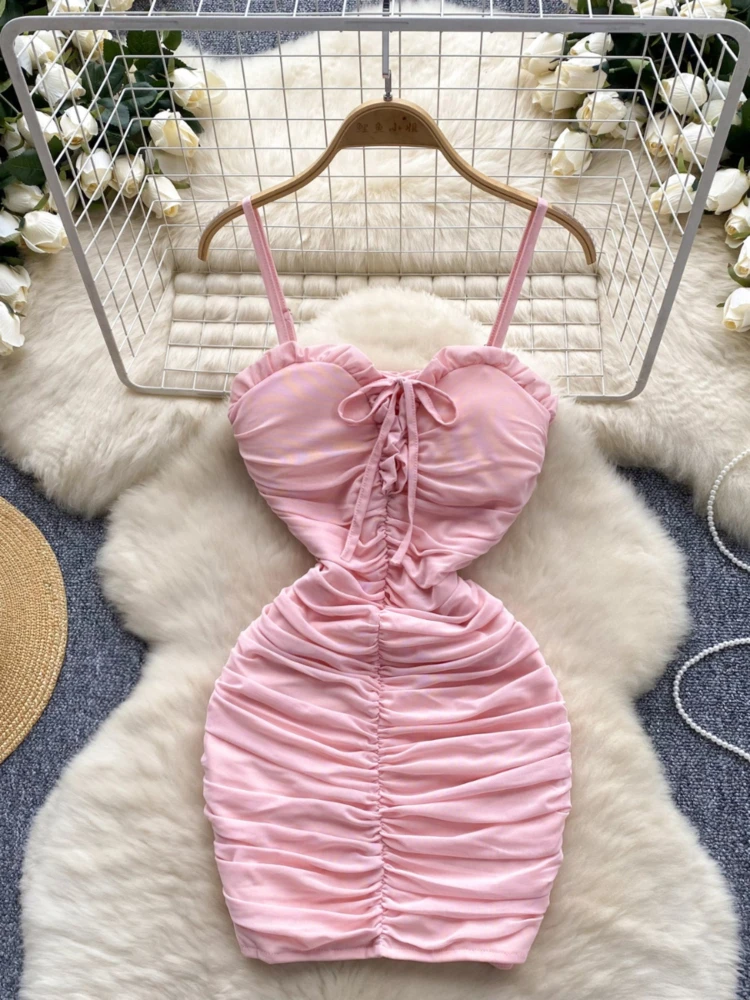 Foamlina Sexy Solid Spaghetti Strap Mesh Bodycon Dress Women Summer Chic V Neck Sleeveless Backless Slim Ruched Night Club Dress