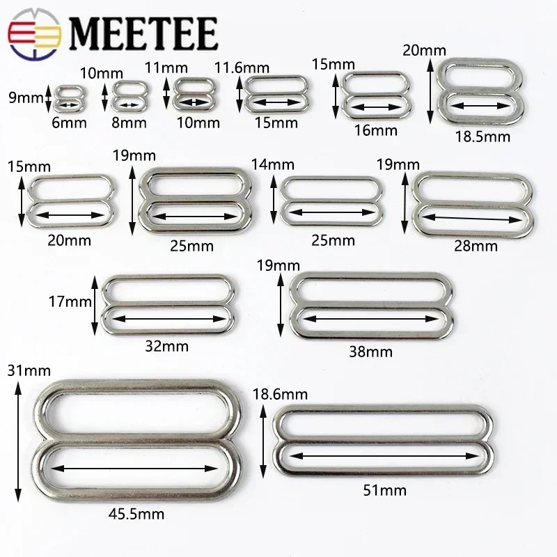 Meetee 10Pc Tri-Glide Slider Clasp 6-50mm Metalowa klamra do paska torby Bielizna 8-kształtny haczyk na pierścionek DIY Akcesoria do szycia odzieży