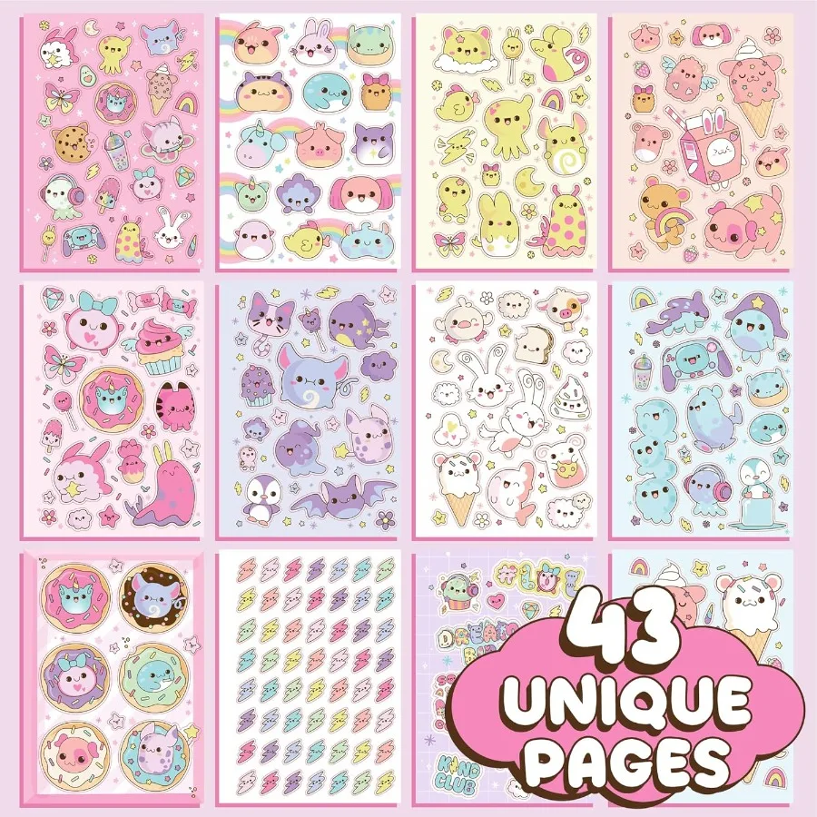 Mais de 1500 adesivos fofos kawaii, livro de 43 páginas para scrapbooks, planejadores, letras, planejador feliz, laptop, garrafa de água, decoração, ideal para