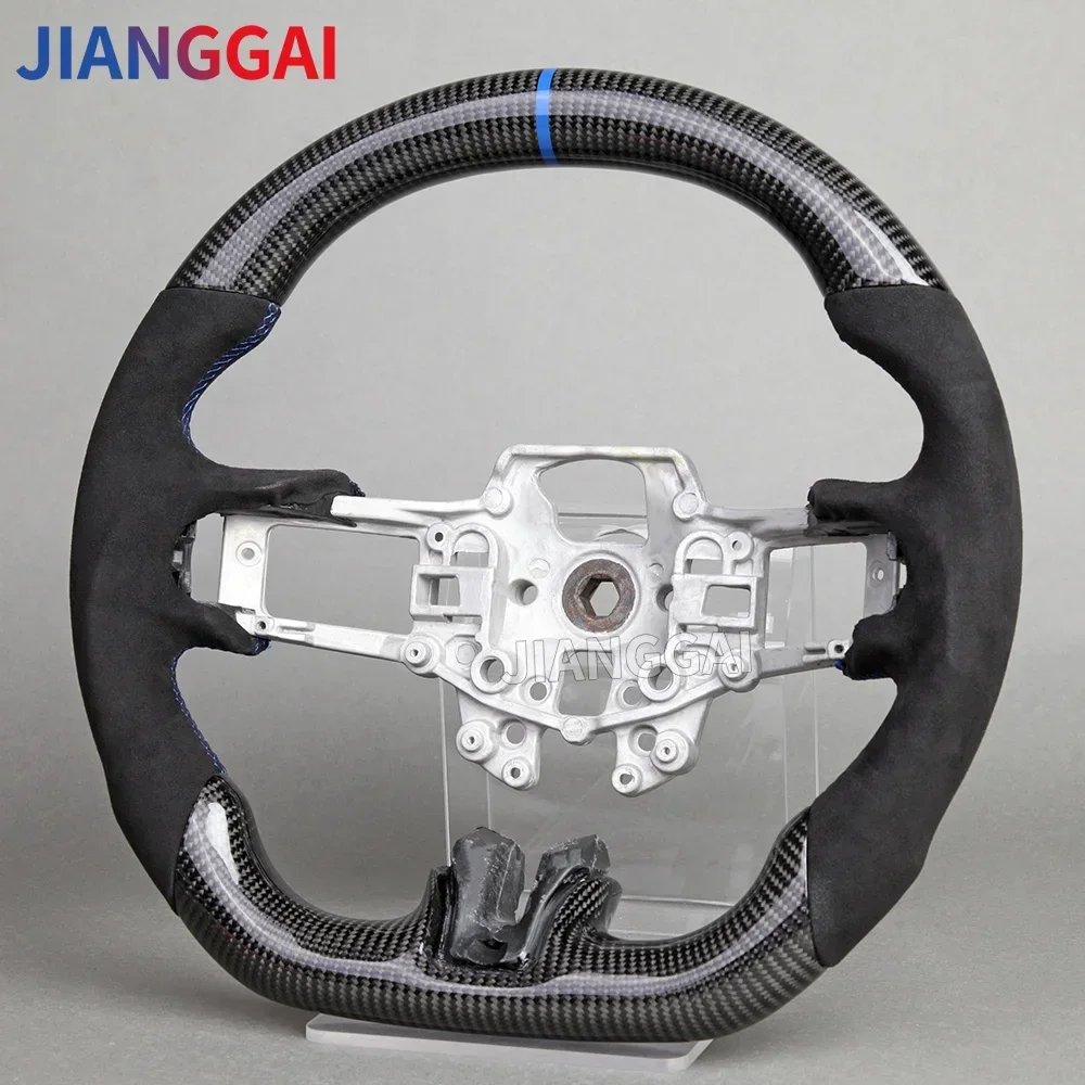

Alcantara Leather Carbon Fiber Steering Wheel For Ford Mustang GT 2015-2023 Flat Bottom Steering Wheel Blue Stitching
