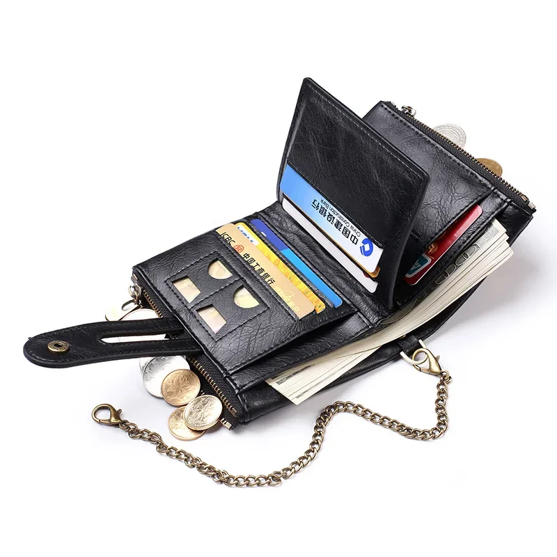 Men\'s Wallet European and American Chain Retro Double Zipper Coin Purse Multi-Card Slot Wallet