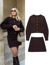 HH Women Skirt Suit Fashion O-Neck Knitted Long Sleeve Single Breasted Pocket Cardigan+Elastic Waist Slim Mini Skirt 3 Color
