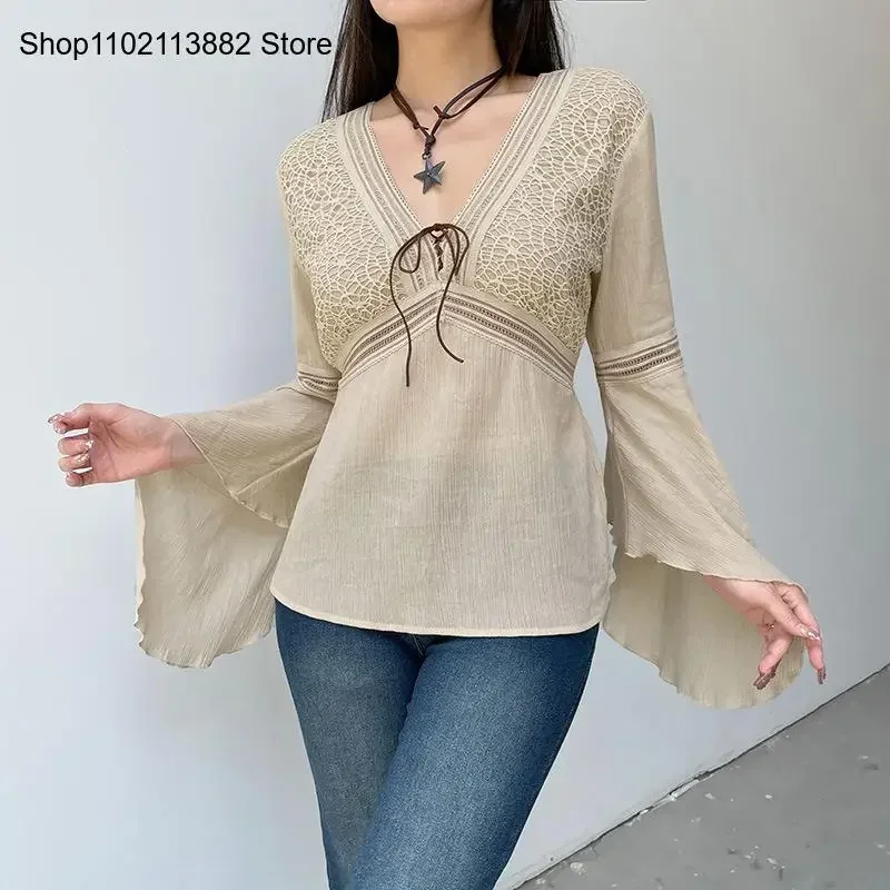 Spring and Autumn Retro Casual Waist Collection Pure Cotton Commuter Mesh Splice Lace Up Flare Sleeves V-Neck T-Shirt