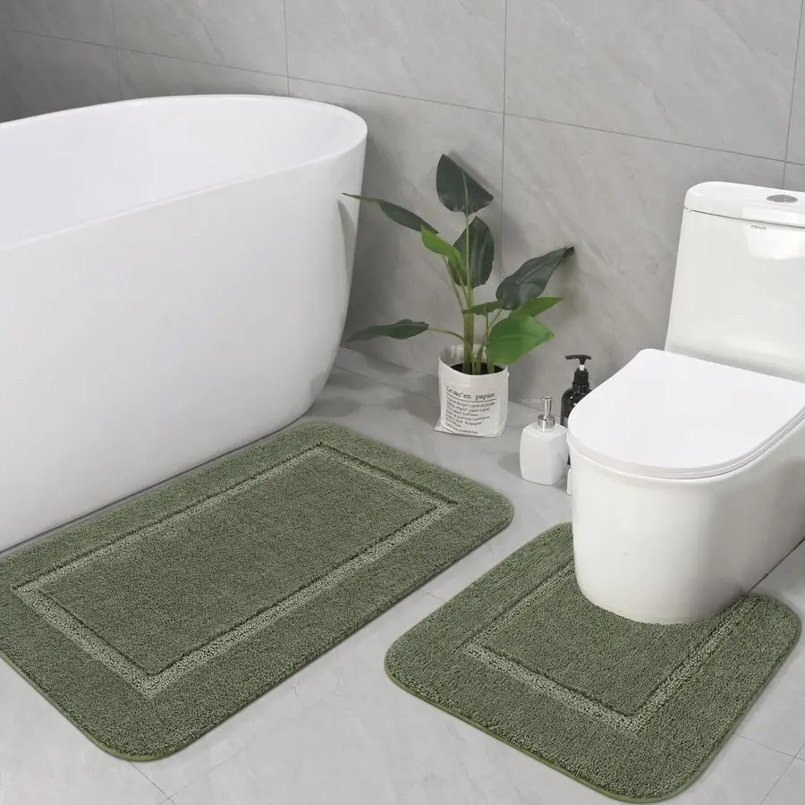 

Bathroom Rug Set Sage Green, Soft Bath Rug Set 2 Piece Set, Toilet Mat UShaped 20x20 and 34x20 Bath Rugs, Quickly Dry Mats for B