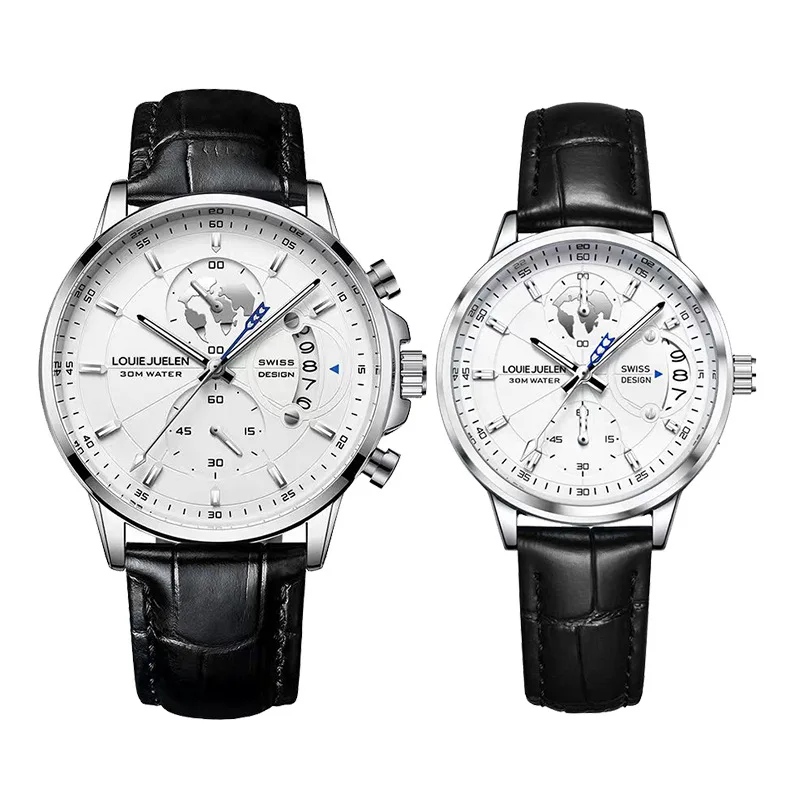 LOUIE JUELEN Couple Watches Multifunction World Map Dial Black Leather Strap Luminous Quartz Wristwatch Lovers Pair Gift Set