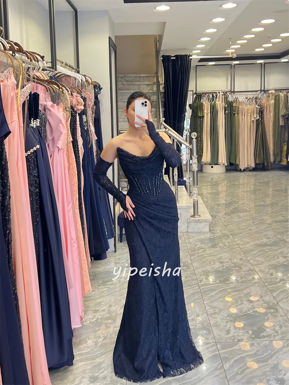Customized Elegant Fashion Lace Beading Pleat Mermaid Strapless Long Dresses Bespoke Occasion Dresses Sizes Available Intricate