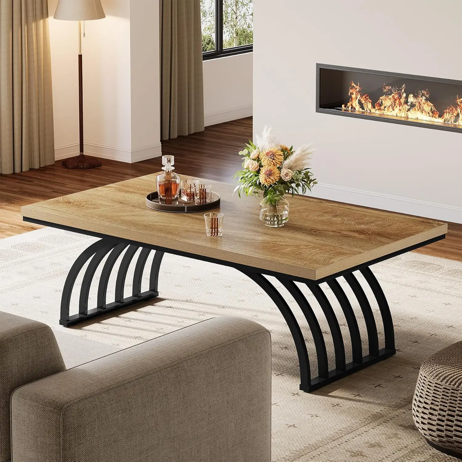 Wood Coffee Table, 47-Inch Rustic Rectangular Center Tea Table with Metal Frame Legs for Living Room, Sofa, Home, Easy Assembly,