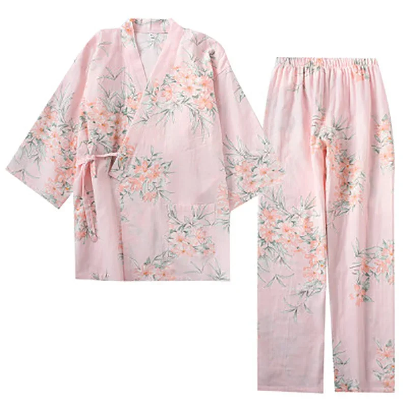 Spring And Summer New Japanese Kimono Style Women 100% Gauze Cotton Pajama Set Floral Printed Household Cardigan+Pants Sleepwear