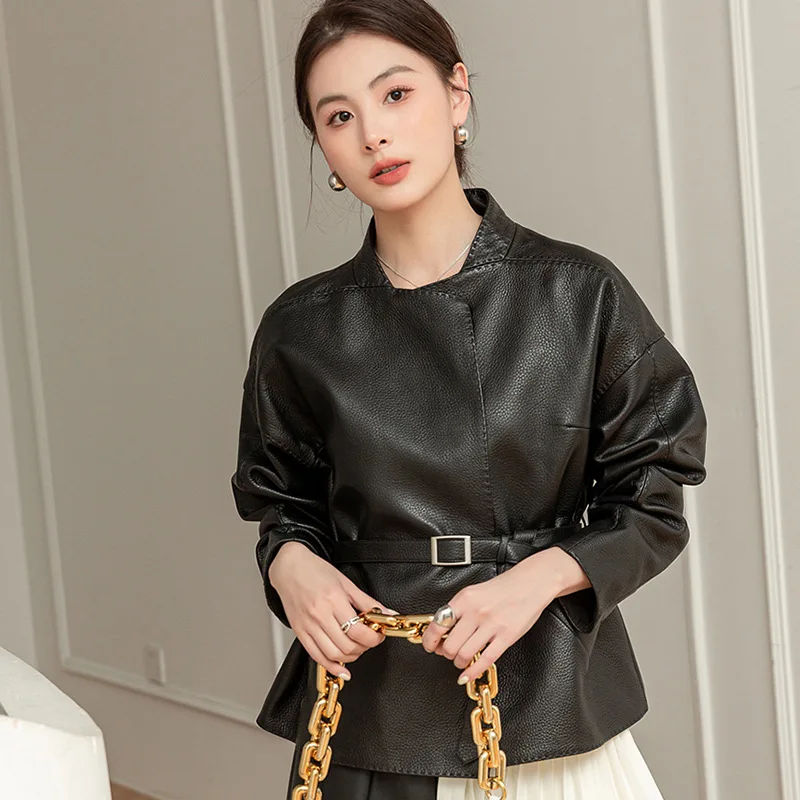 Soft Real Sheepskin Genuine Leather Jacket Solid Black Elegant Fashion Lace Up High-end Lambskin Suede Coat Women