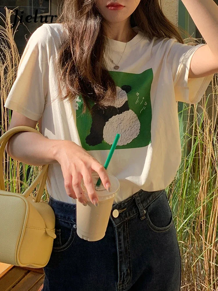 Jielur Fashion Women T Shirt 2022 Cute Print Cartoon Top Short Sleeve Summer Korean Style Clothing Cotton Aprciot White T-shirts