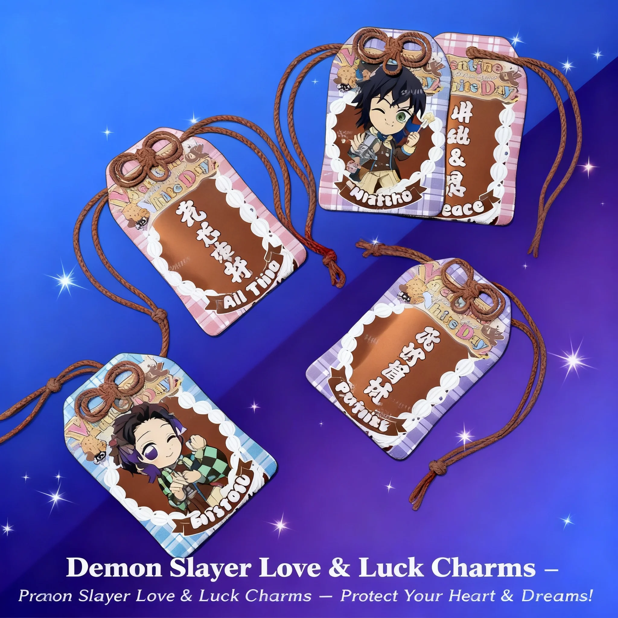 

Аниме-мерч: Японский оберег Омамори «Клинок, рассекающий демонов» (Кимэцу но Яиба) — талисман удачи с персонажами Незуко, Танджиро, Зеницу, Иноске, Хашира для косплея