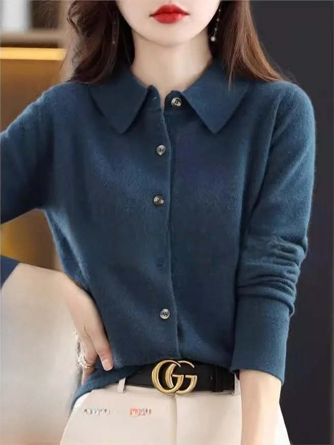 

Spring 2025 Women's Faion Slim Fit Knitted Wool Cardigan Open Front Collar Loose Outerwear Regular Fit Long Sve Swe...