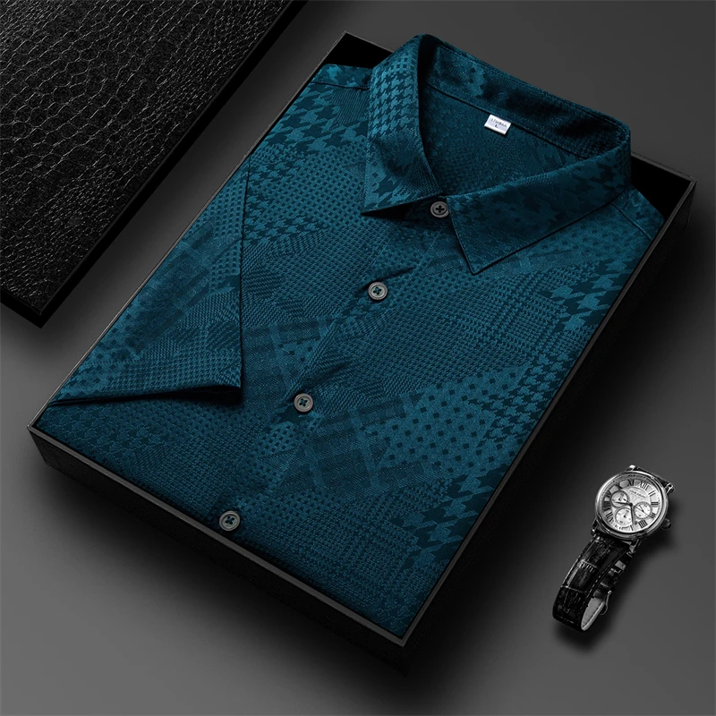 Jacquard Trends Silk Blends Shirts For Men Short Sleeve Coolness Summer Luxurious Lightweight Casual Gentleman Camisas De Hombre