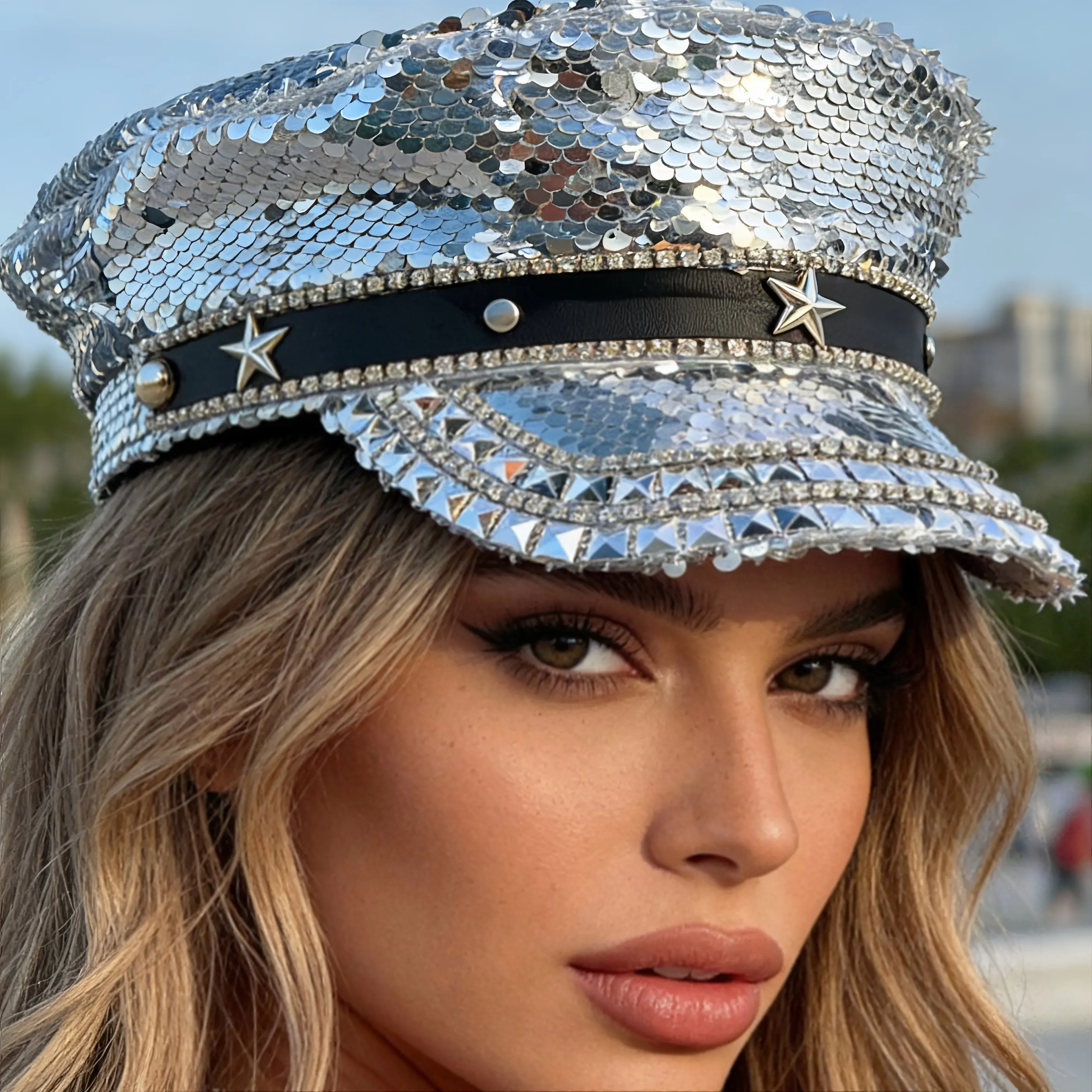 HongLuan Steampunk Captain Hat Rhinestone for Burning Man Festival Woman, Vintage Military Accessories & Military Cap Man