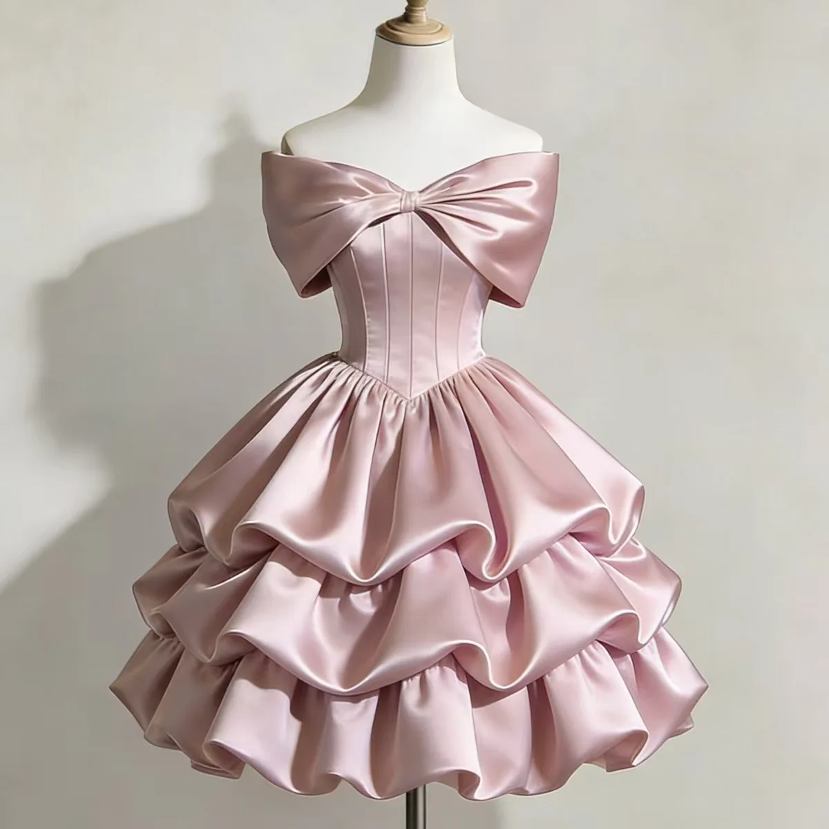 Soft Pink Shiny Satin Homecoming Dress Ladies Sweetheart Off Shoulder Bow Bustier Multi Layer Ruffle Birthday Party Custom Dress