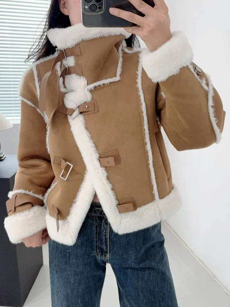 UCXQ Fashion Faux Fur Coat Streetwear Lace Up Stand Collar Single Breasted Thick Warm Short Jacket Women 2024 Autumn Winter 1682