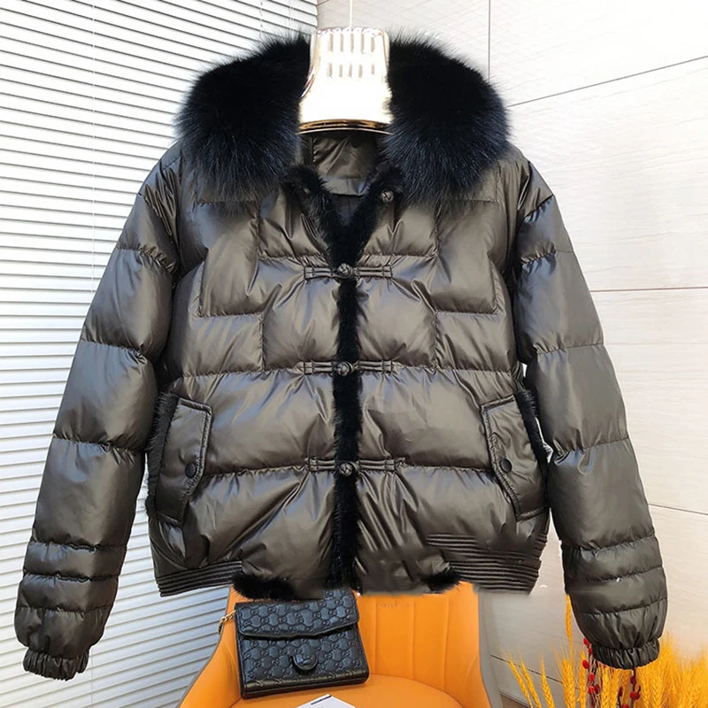 

Winter Lightweight Fur Collar Short Down Jacket Female Quilted Warm Jackets Women White Duck Down Plate Button Parker Outwears