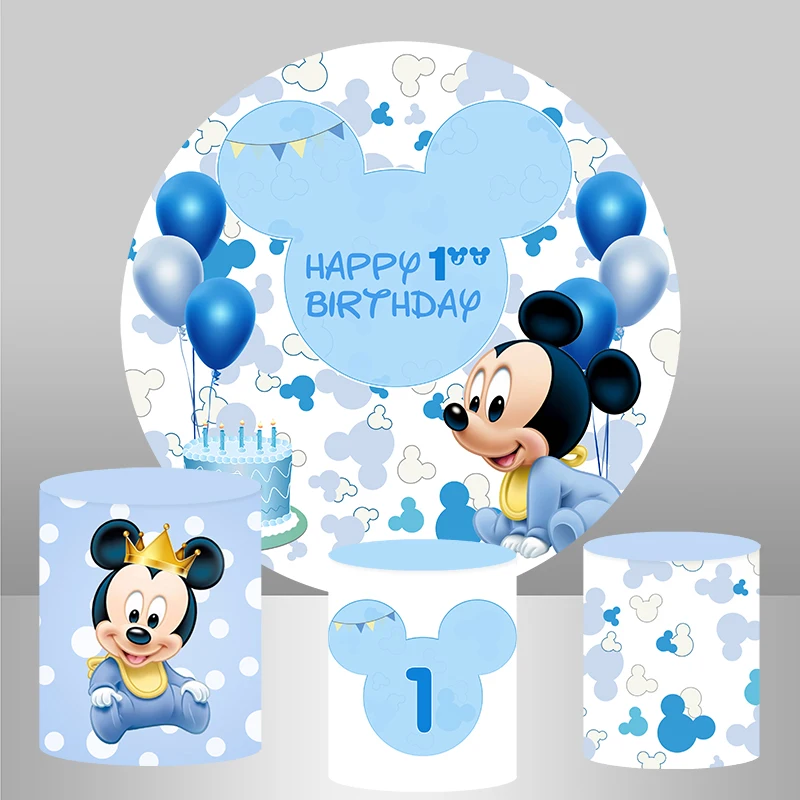 Baby Blue Mickey Round Backdrop For Baby Shower 1st Birthday Party Balloons Boys Cartoon Photography Background Plinth Covers