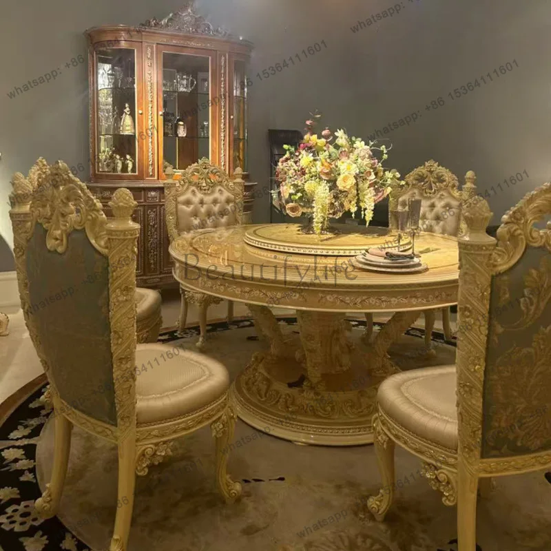 Solid wood carving flower panel painted French  dining table and chairs solid wood panel parquet European round dining table