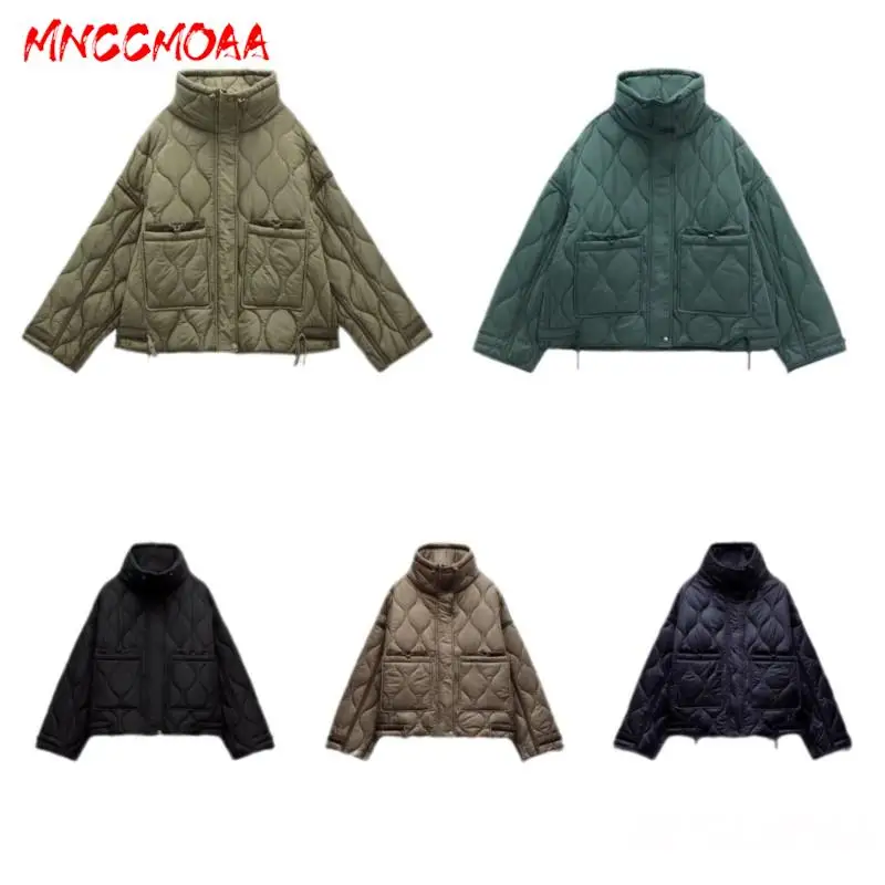 MNCCMOAA 2023 Winter Women Fashion Loose Stand Neck Button Pocket Parkas Coat Female Solid Casual Long Sleeve Top Outerwear