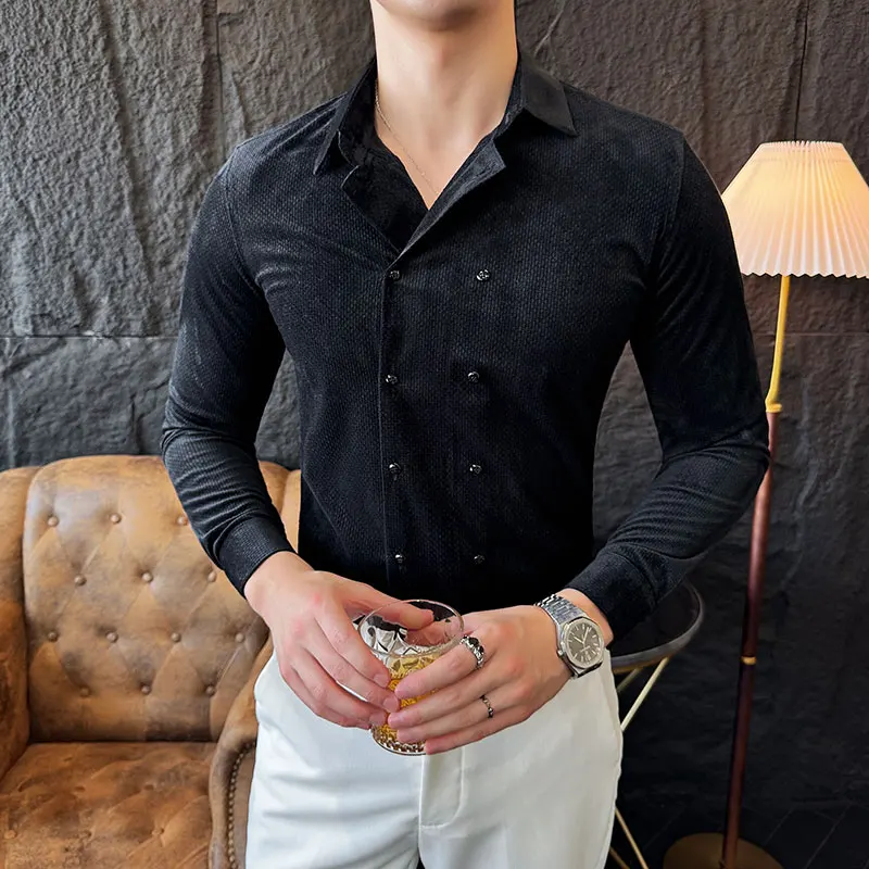 

Double Breasted Shirts For Men High Quality Autumn Winter Long Sleeve Elegant Velvet Men's Social Shirt Slim Fit Casual Tuxedo