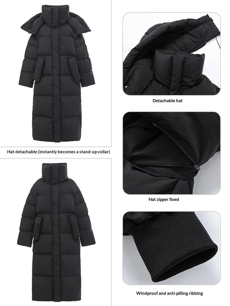 سترة شتوية طويلة للنساء من ZAROY بغطاء للرأس مقاومة للرياح معطف دافئ سميك للأسفل ملابس خارجية للثلج سترات للتزلج Дلينندي كردوك