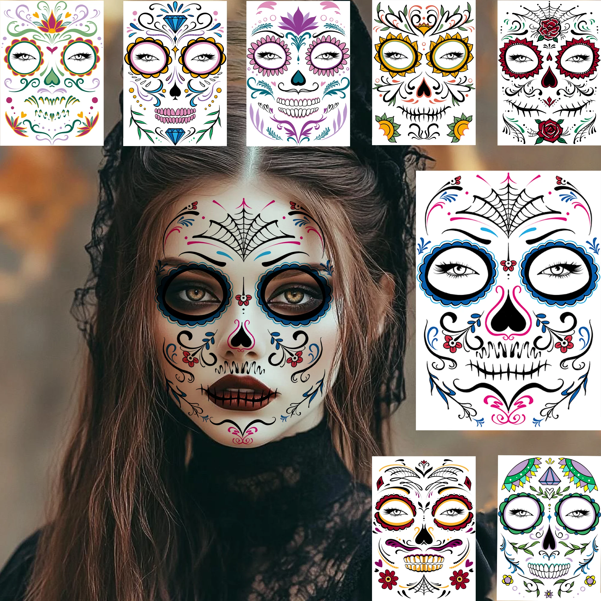 8 Sheets Halloween Day Of The Dead Sugar Skull Face Flower Spiderweb Temporary Tattoo Stickers, Realistic Waterproof Fake Tatoos