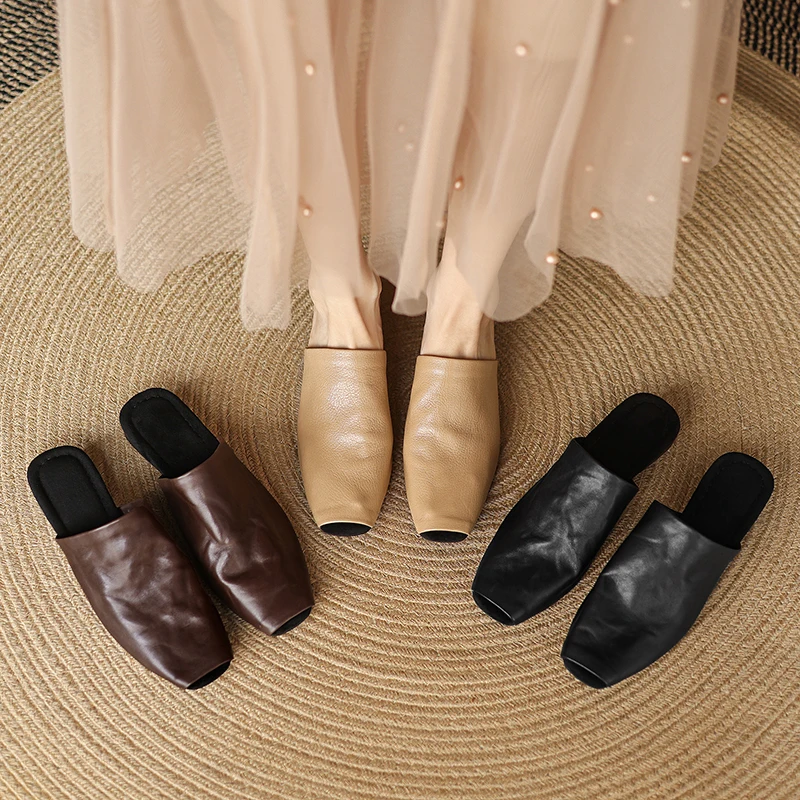2026 new summer women sandals natural leather 22-24.5cm cowhide+flannel+pigskin open toe mules low heel women shoes fashion