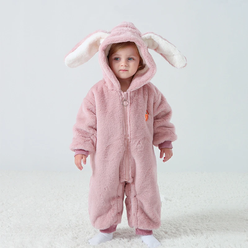 Winter Newborn Baby Fleece Fluffy Warm One Piece Jumpsuit for boy Girl Rabbit Ear Thicken Infant Toddler Hooded Romper Snowsuit