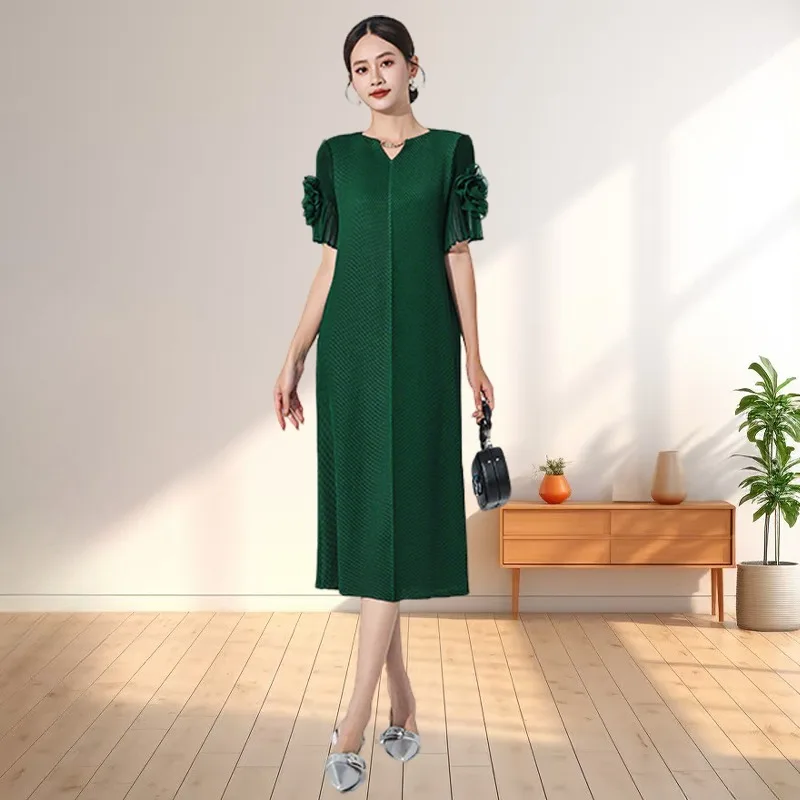 

Miyake плиссированное летнее новое платье с короткими рукавами, темпераментное однотонное длинное тонкое платье для женщин без морщин