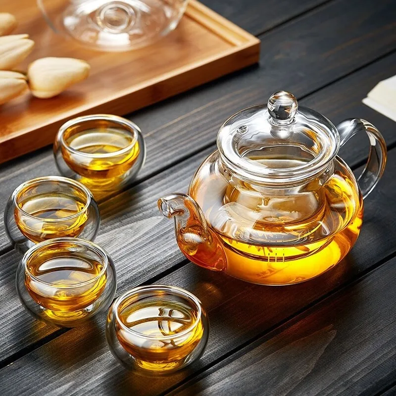 HMLOVE Heat Resistant Glass Teapot With Stainless Steel Tea Strainer Infuser Flower Kettle Kung Fu Teawear Set Puer Oolong Pot