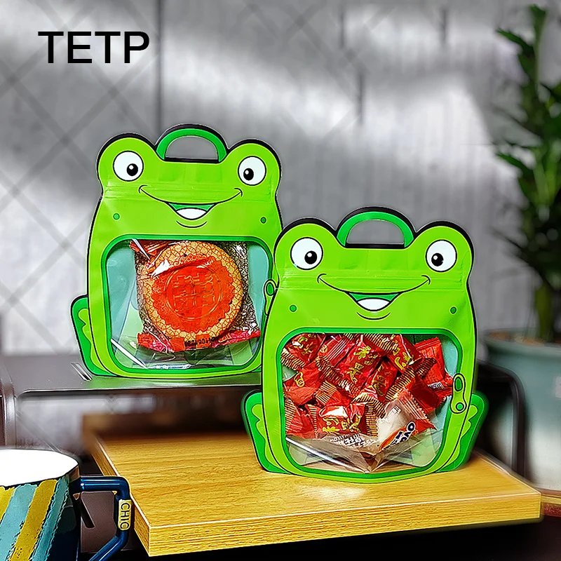 tetp-100-個カエル型密封ポータブル保存袋プラスチック製自立型バッグクッキーやキャンディー、レジャー食品の包装用