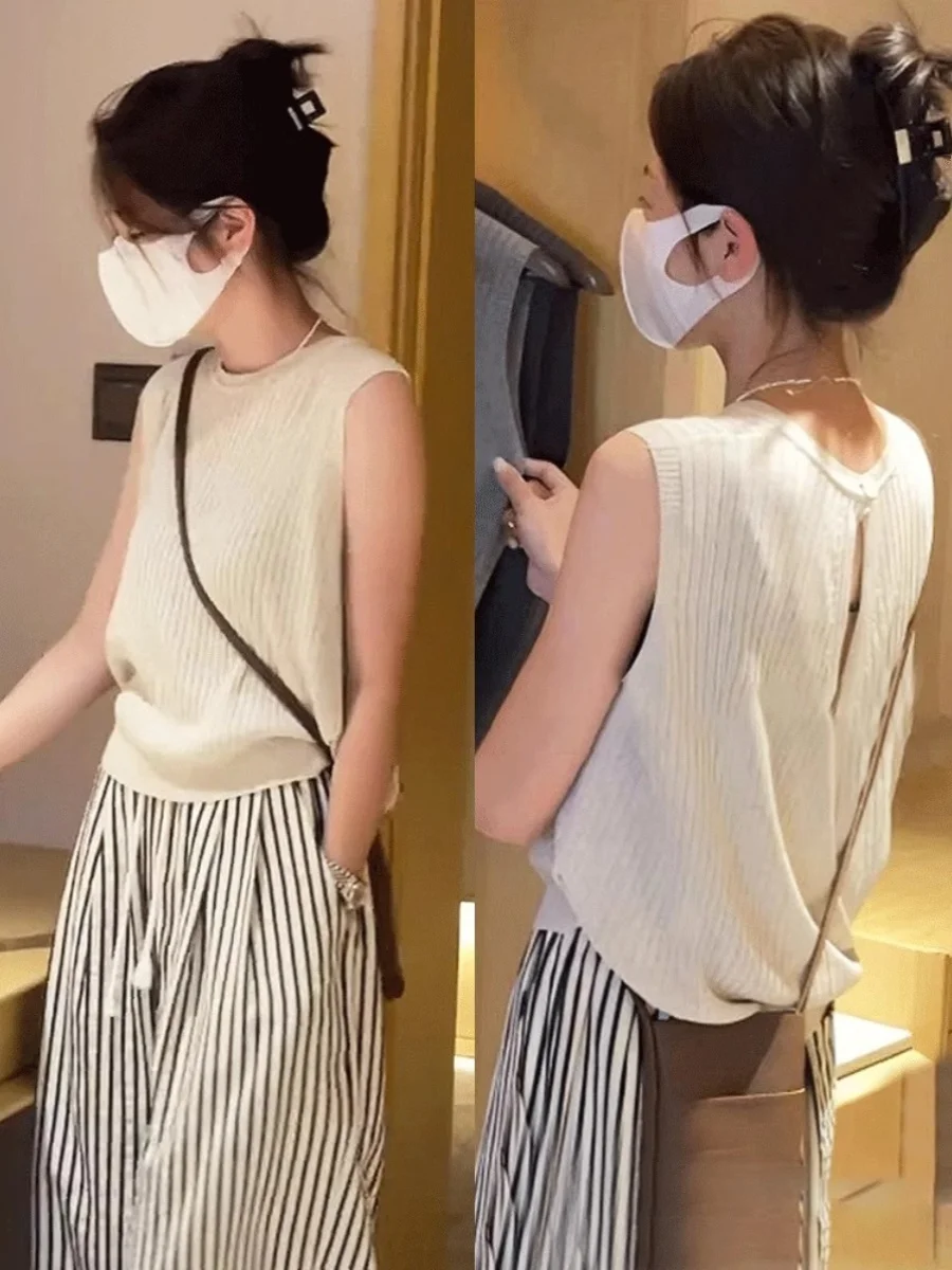 Cross Back Ice Silk Short Sleeve Knitted Top Women's Fashion Summer Trendy Sleeveless Knitted Upper Body round Neck Regular L...