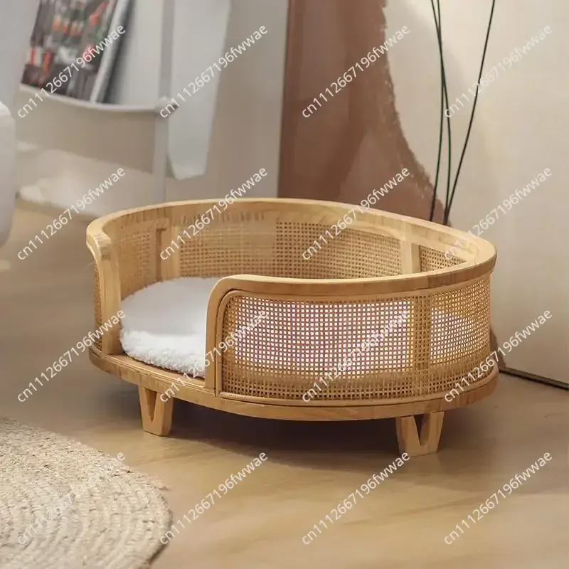 Princess Style Cat Bed Elevated Dog House with Solid Wood Base Vintage Woven Pet Furniture Comfortable and Breathable for Cats