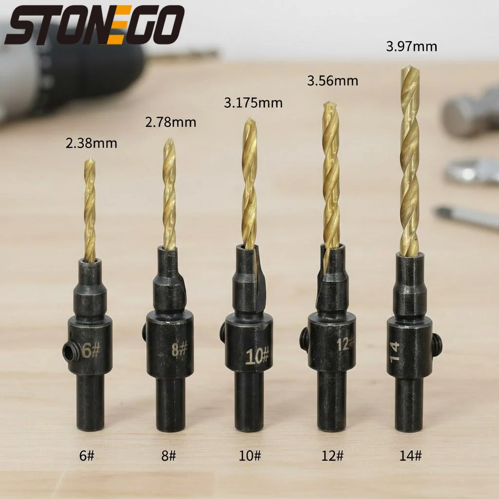 Woodworking Countersunk Drill Bit Set 5 Pieces for Pilot Holes and Guide Holes for Screws Sizes 6 8 10 12 14