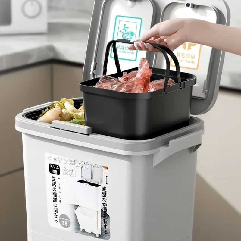 Japanese-Style Removable Trash Can, Double-Layer Large Capacity with Lid Kitchen Garbage Separation Bin, Modern Waste Management