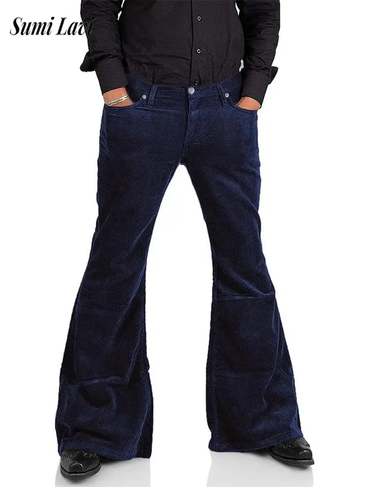 New Casual Solid Color Corduroy Pants Men Spring Autumn Vintage Wide Leg Bell Bottom Mens Trousers Fashion Stretch Slim Trousers